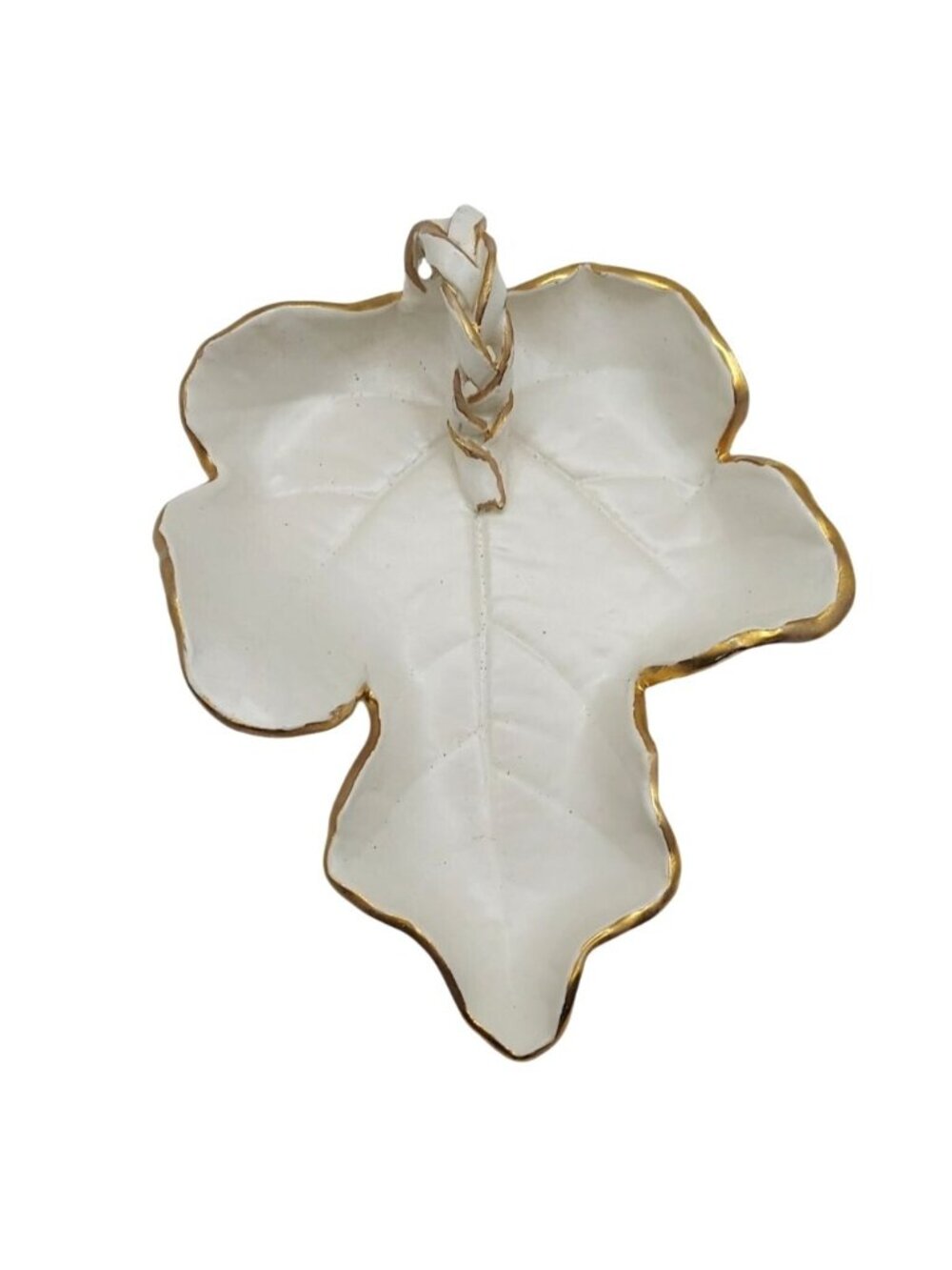 Handmade White Ceramic Leaf Dish Braided Handle Gold Gilded Edges Signed RE 1958